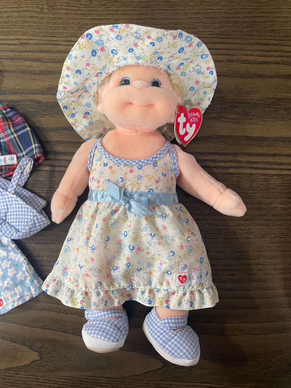 Ty Beanie “Angel” Kids Floral Sun Hat Doll in Cream and Blue with Accessories